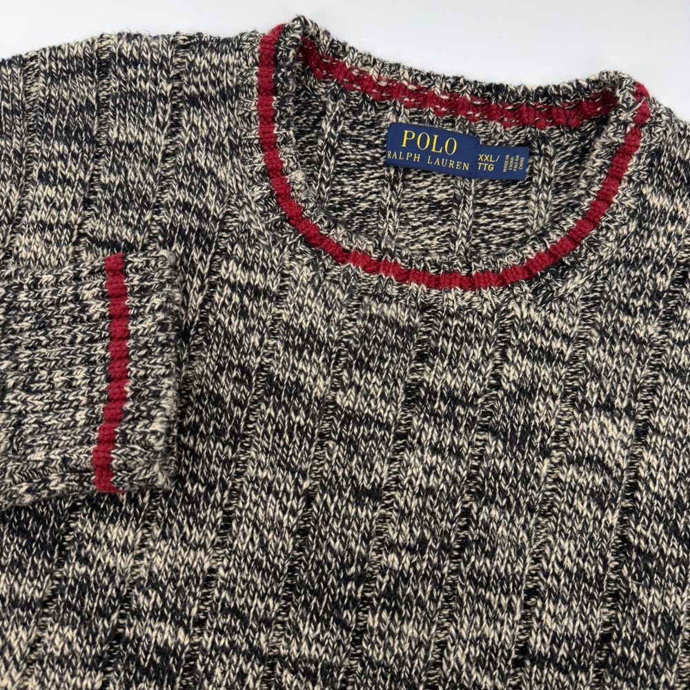 Vintage Polo Ralph Lauren Sweater Mens XXL Black White Marled Cotton Red Trim